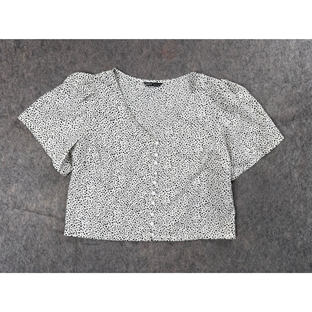 SHEIN Blouse Women Large White Black Polka Dot Polyester V-Neck Button Up Chic